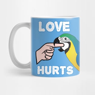 Love Hurts Blue and Gold Macaw Parrot biting Mug